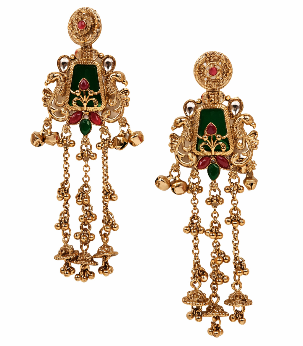 Gold Plated Kashmiri earrings Peacock Long Dangle Earrings