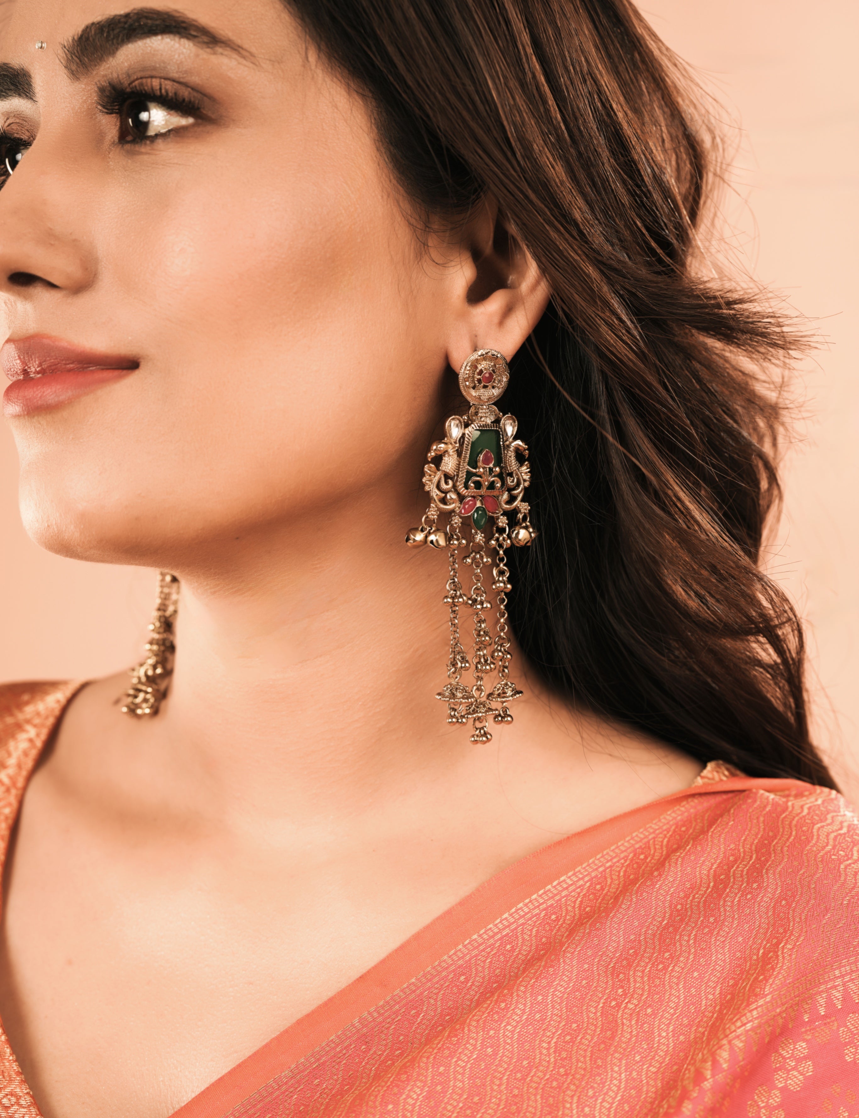 Gold Plated Kashmiri earrings Peacock Long Dangle Earrings