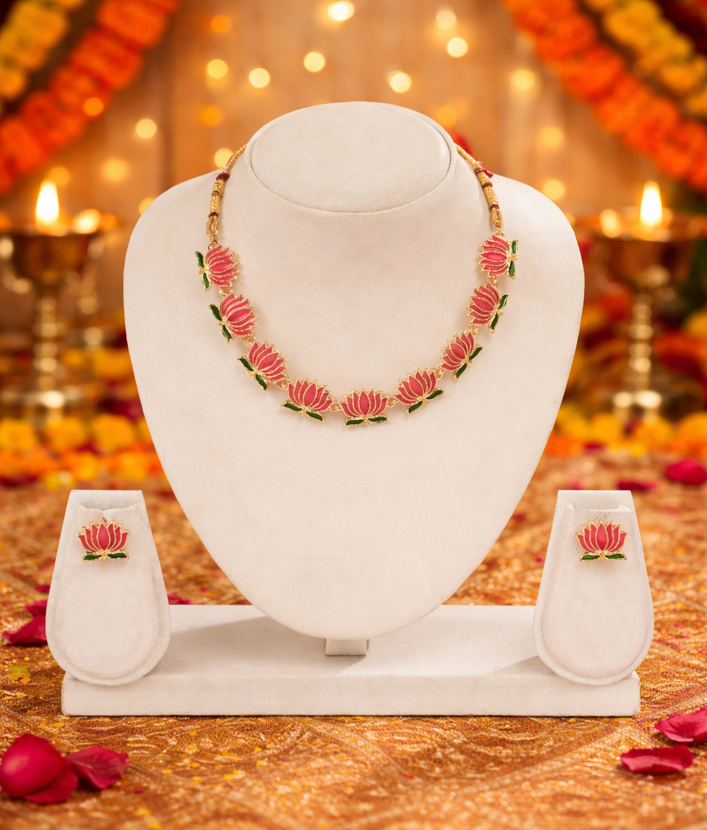 Lotus Design Gold Plated Necklace Set with Earrings Traditional Floral