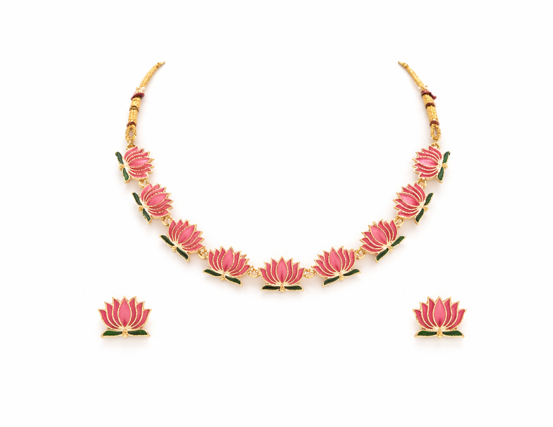 Lotus Design Gold Plated Necklace Set with Earrings Traditional Floral