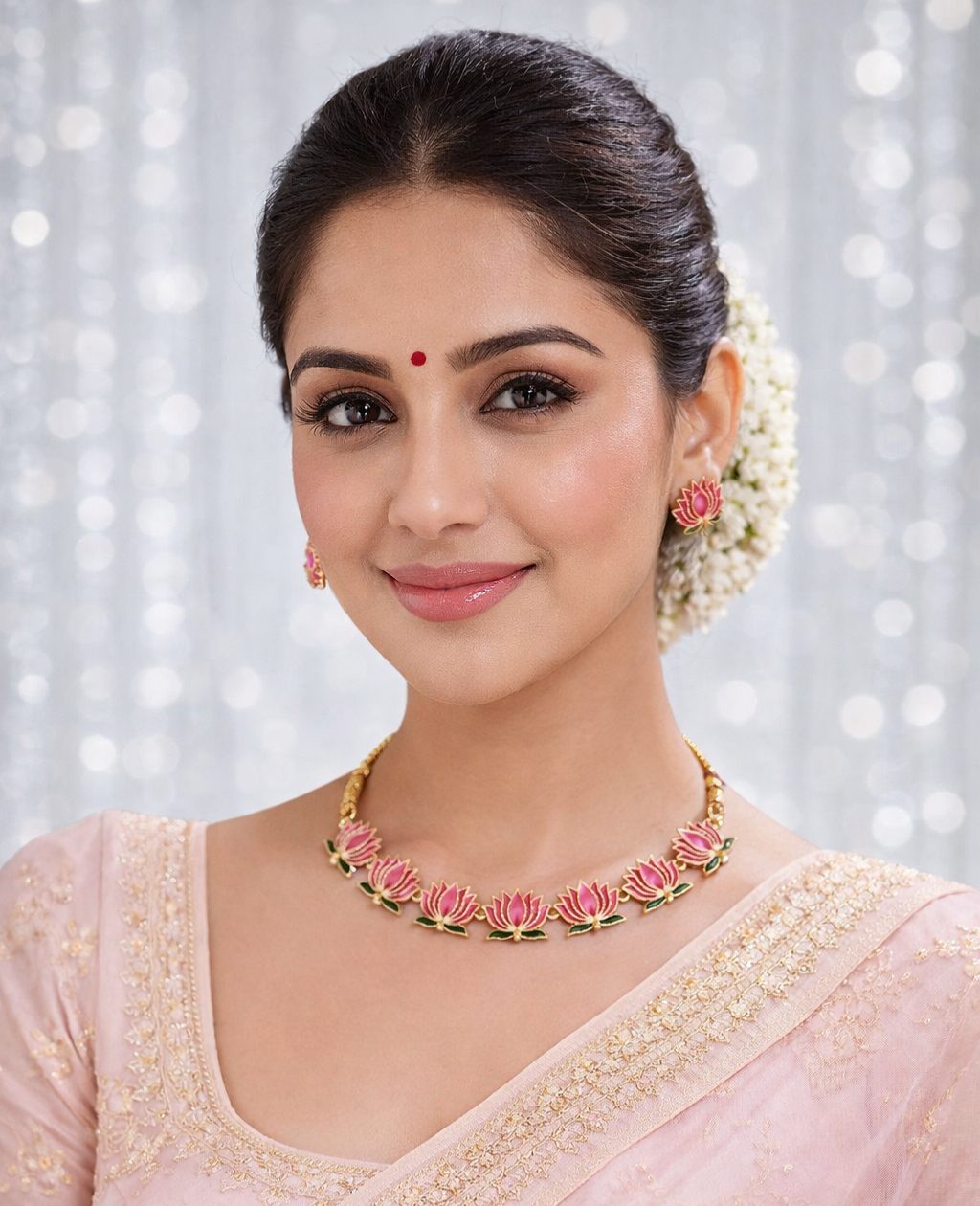 Lotus Design Gold Plated Necklace Set with Earrings Traditional Floral