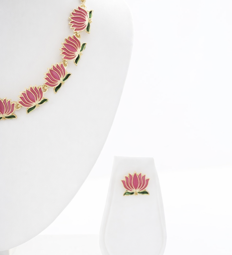 Lotus Design Gold Plated Necklace Set with Earrings Traditional Floral