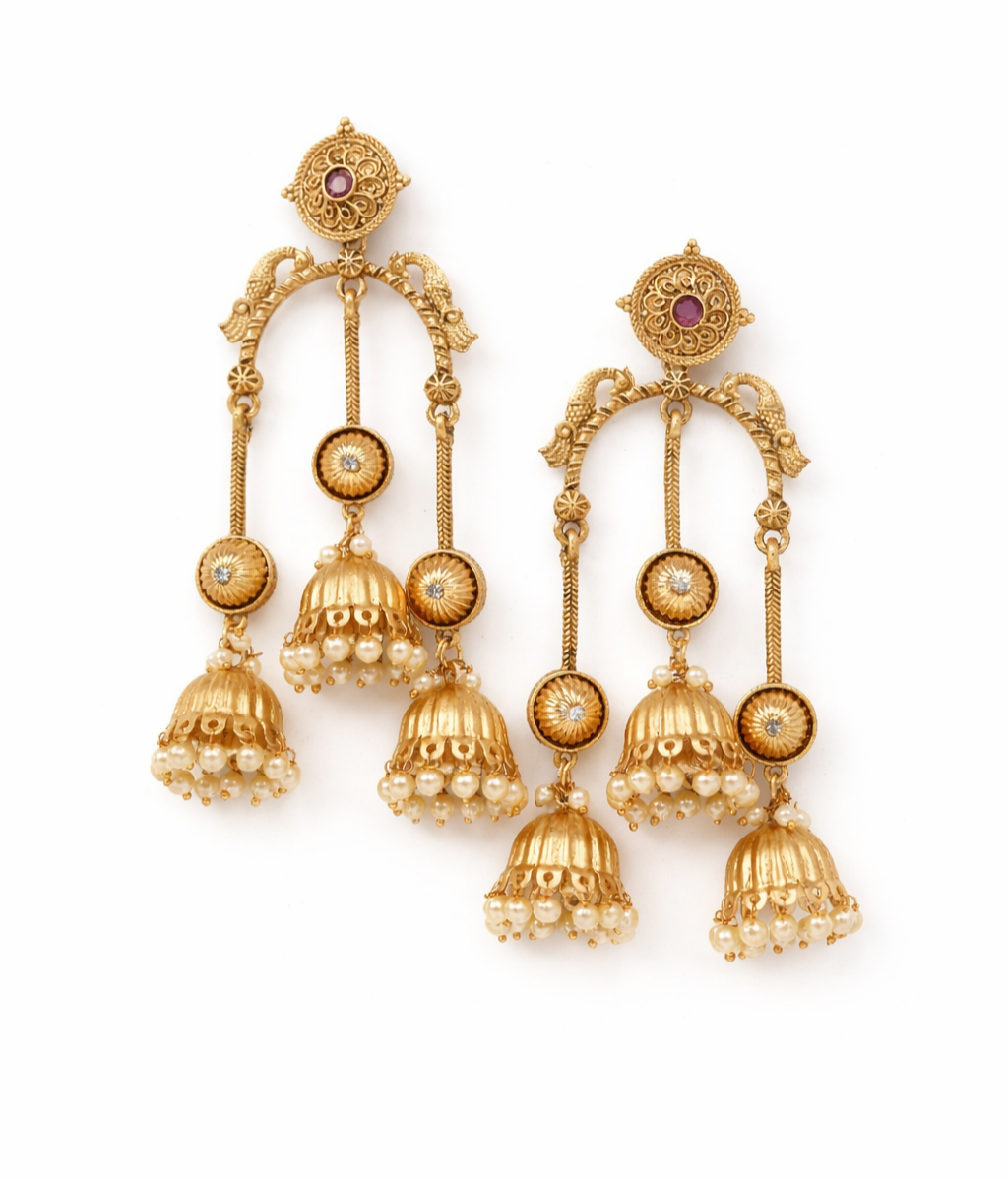 Kashmiri Gold Jhumka Earrings with Pearl Drops and Ruby Accents.