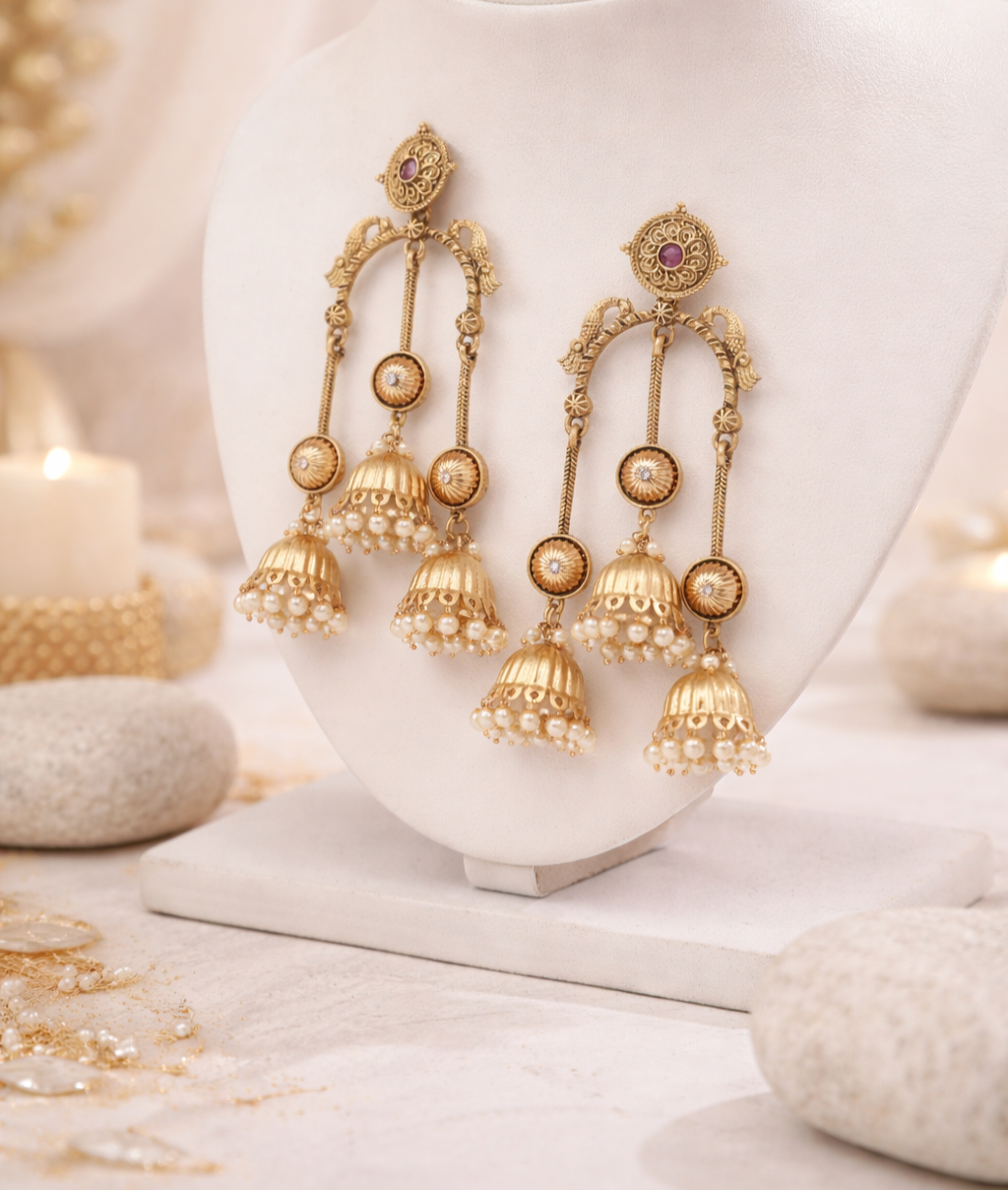 Kashmiri Gold Jhumka Earrings with Pearl Drops and Ruby Accents.