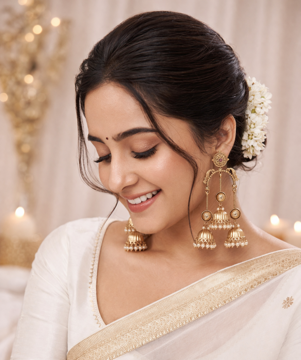 Kashmiri Gold Jhumka Earrings with Pearl Drops and Ruby Accents.
