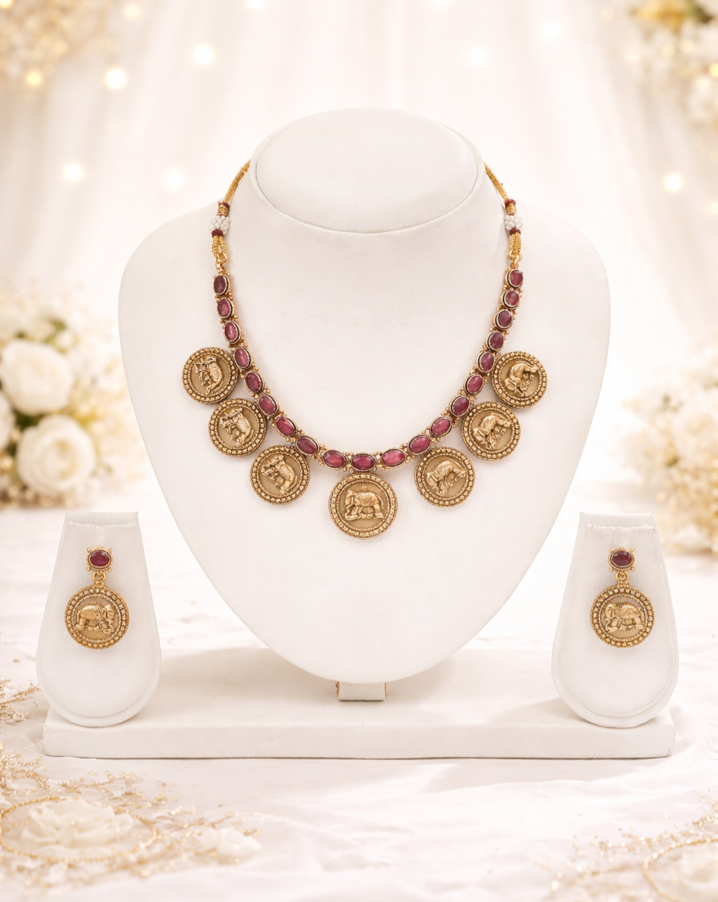 Traditional Gold Necklace Set with Ruby Stones & Elephant coins