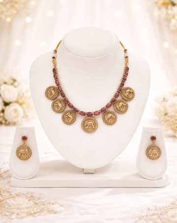 Traditional Gold Necklace Set with Ruby Stones & Elephant coins