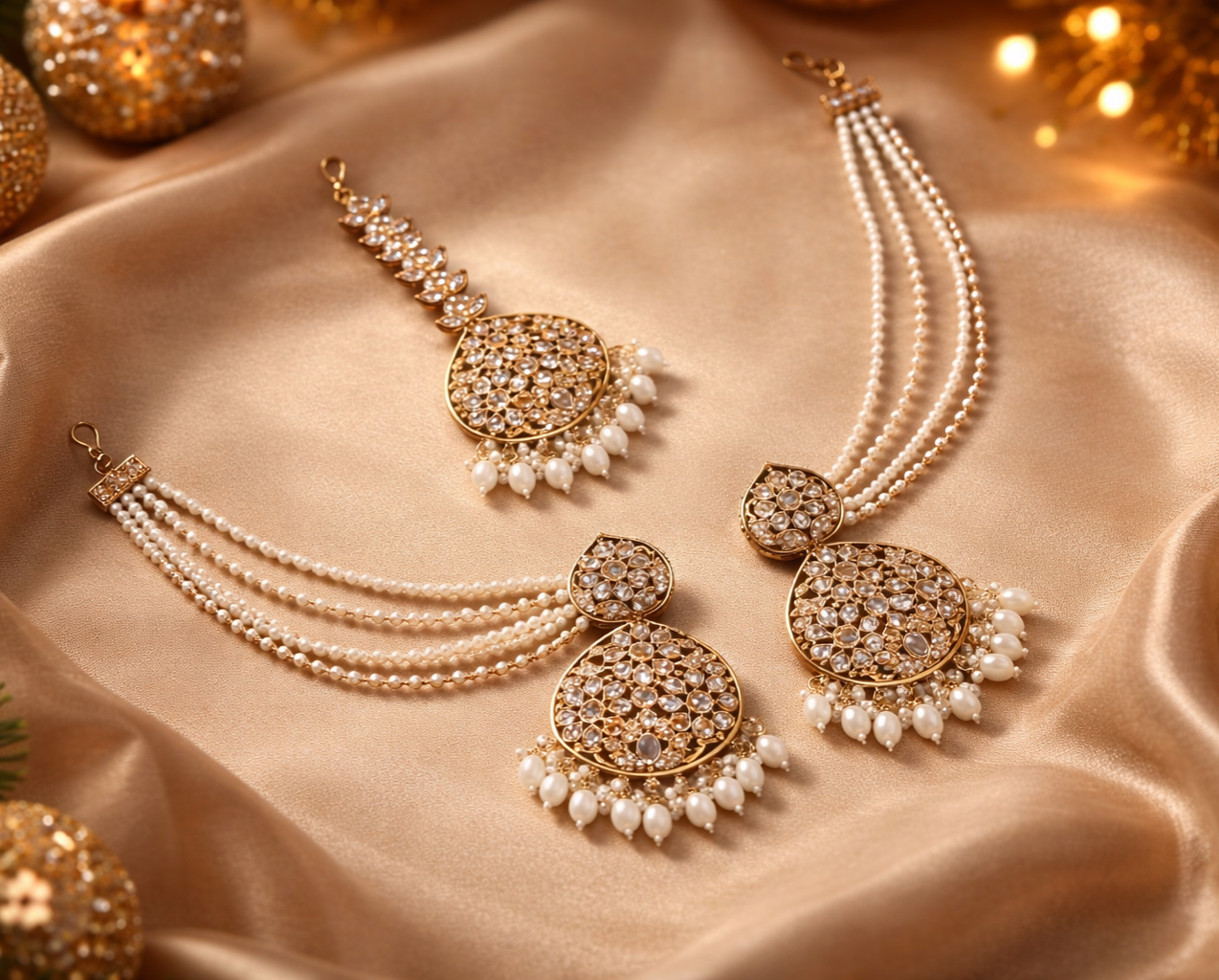Gold Plated Kundan Maang Tikka Set with Pearl Chains