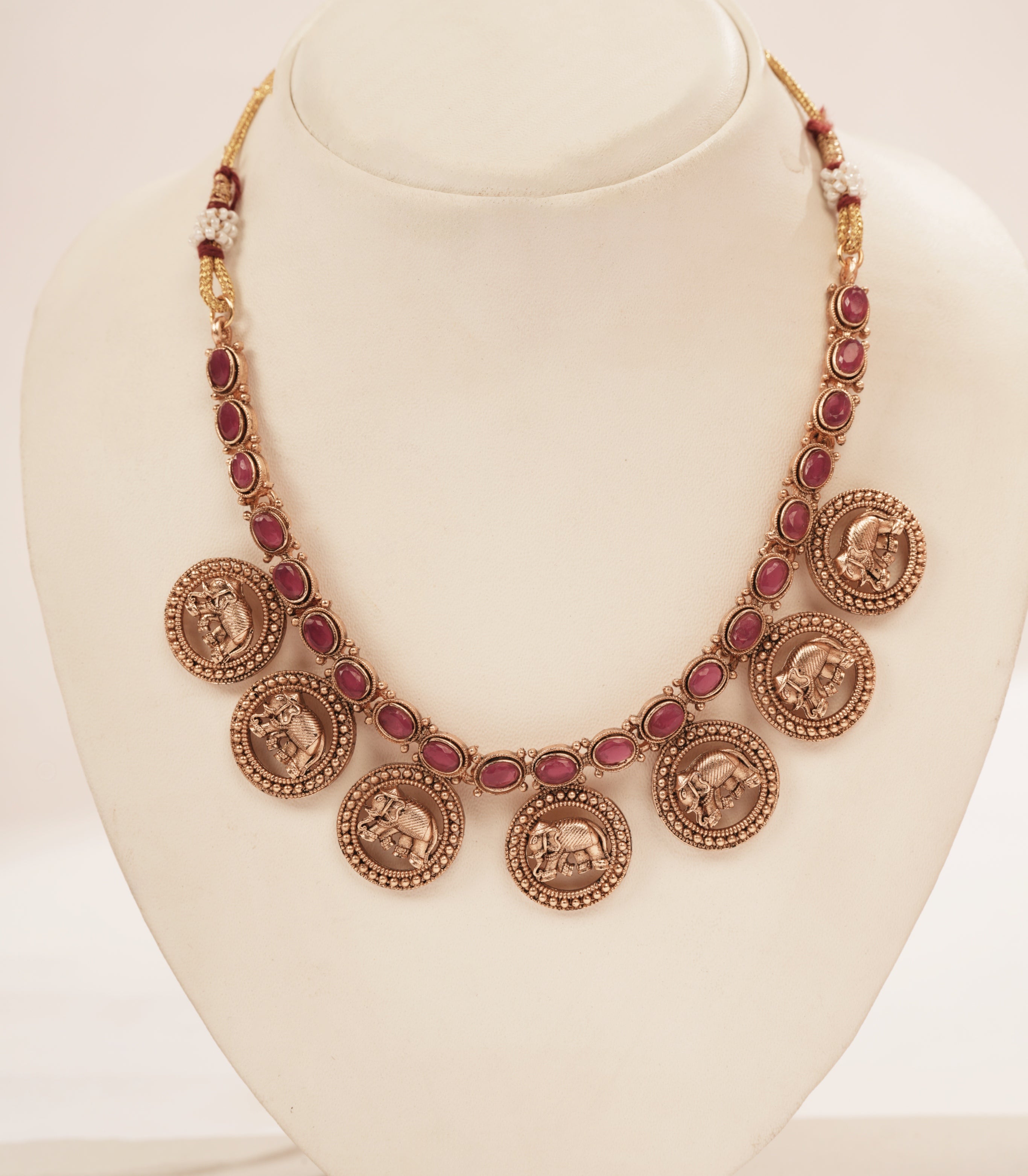 Traditional Gold Necklace Set with Ruby Stones & Elephant coins