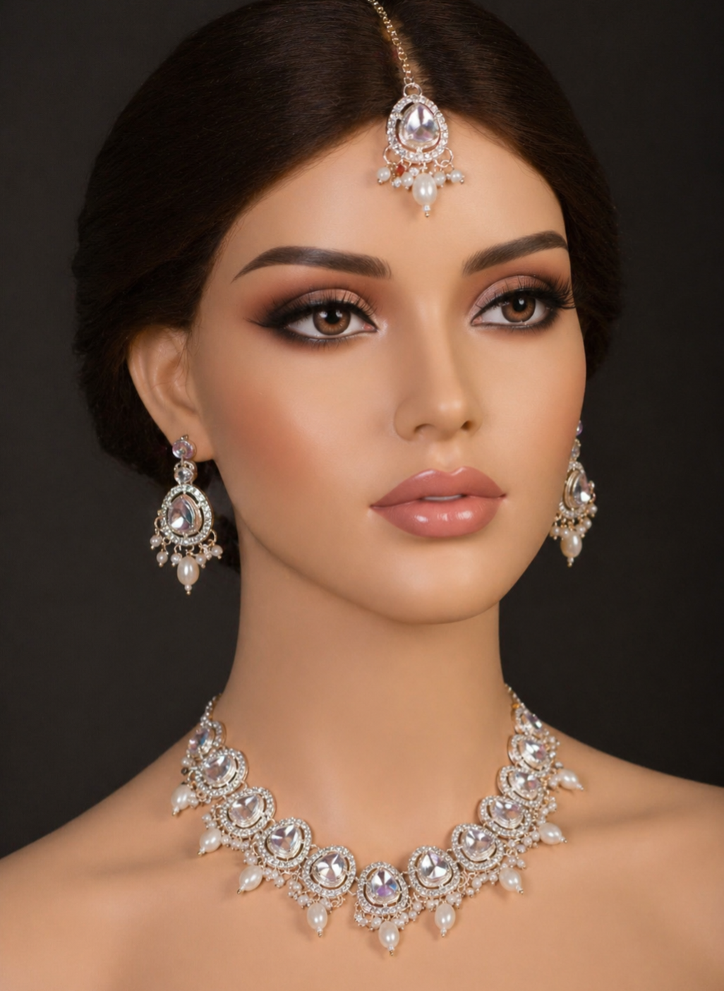 White  Silver Moon Stone and Diamond Necklace Set For Women