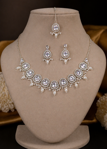 White  Silver Moon Stone and Diamond Necklace Set For Women