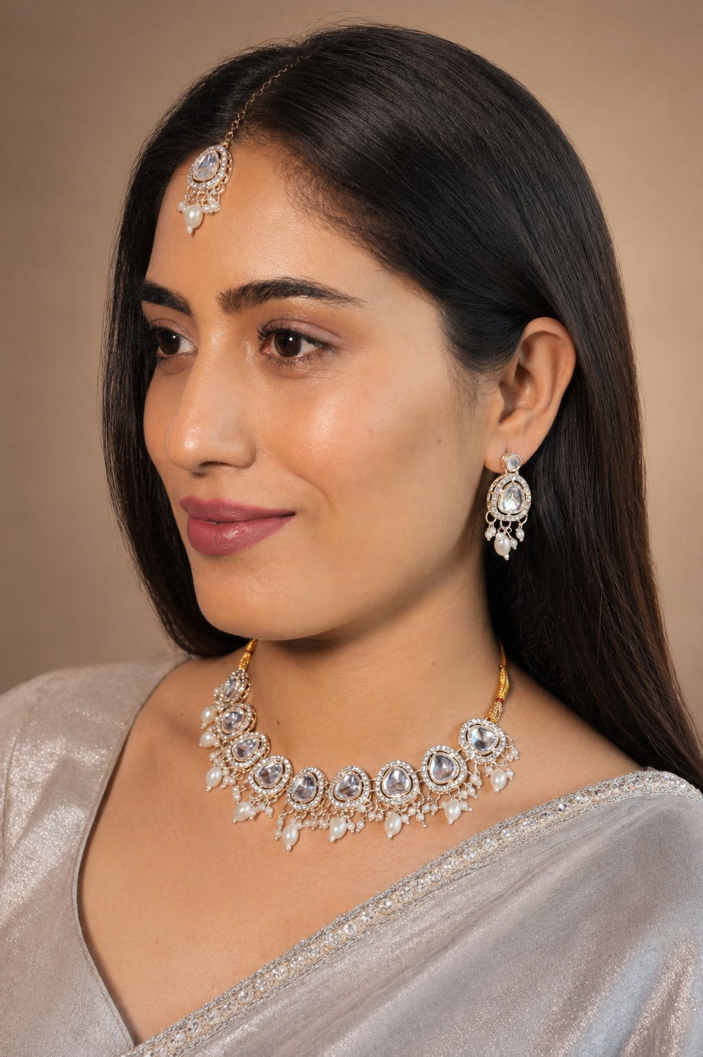 White  Silver Moon Stone and Diamond Necklace Set For Women