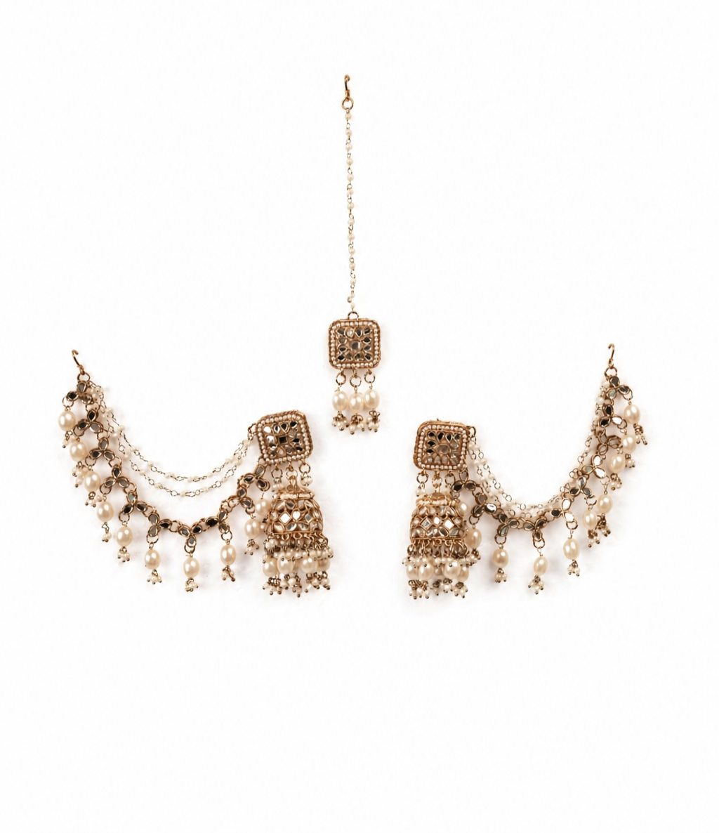 Traditional Pearl Jhumka Chain with Maang Tika for Women