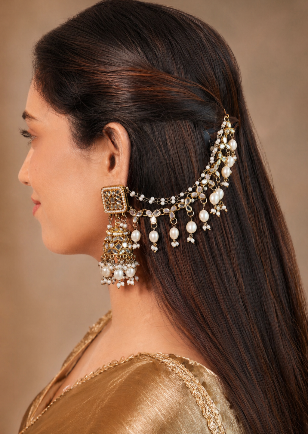 Traditional Pearl Jhumka Chain with Maang Tika for Women