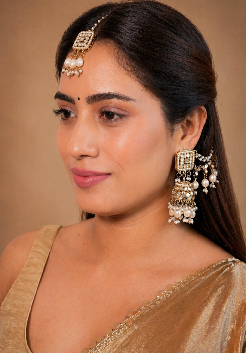 Traditional Pearl Jhumka Chain with Maang Tika for Women