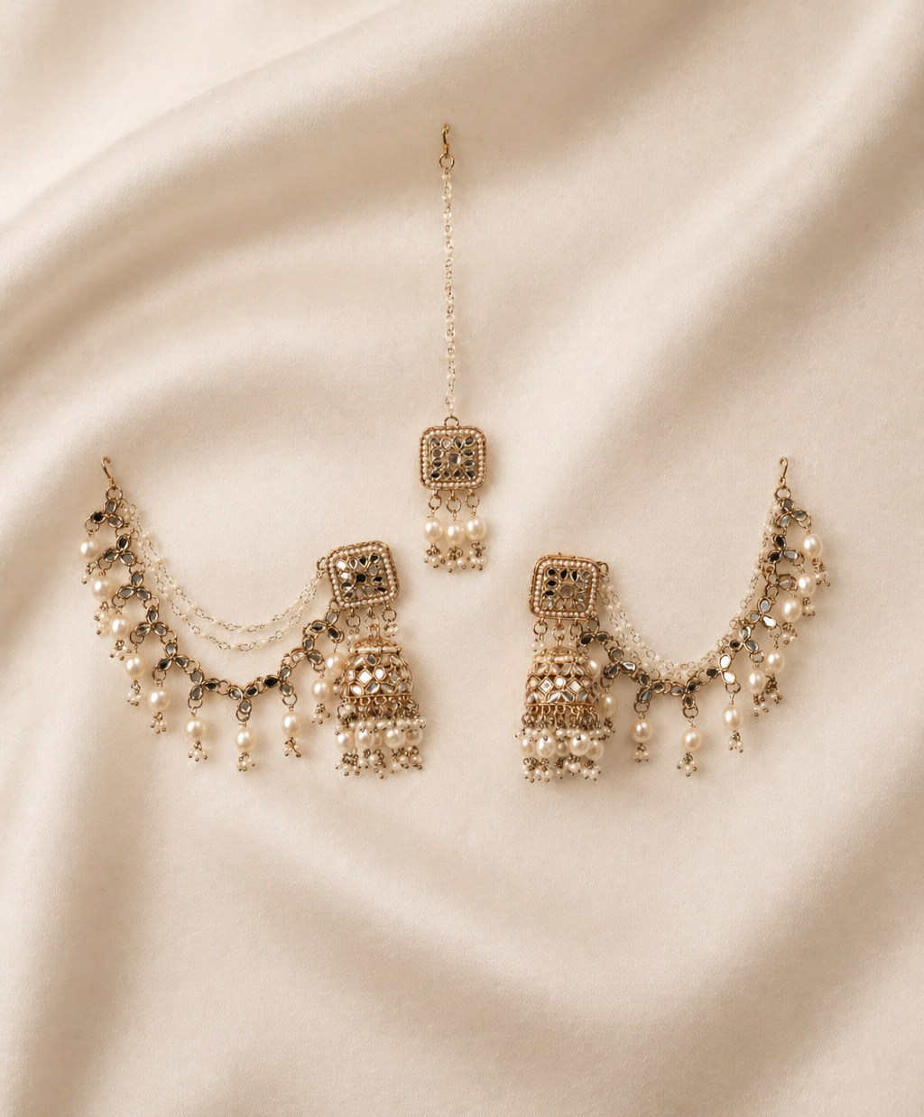 Traditional Pearl Jhumka Chain with Maang Tika for Women