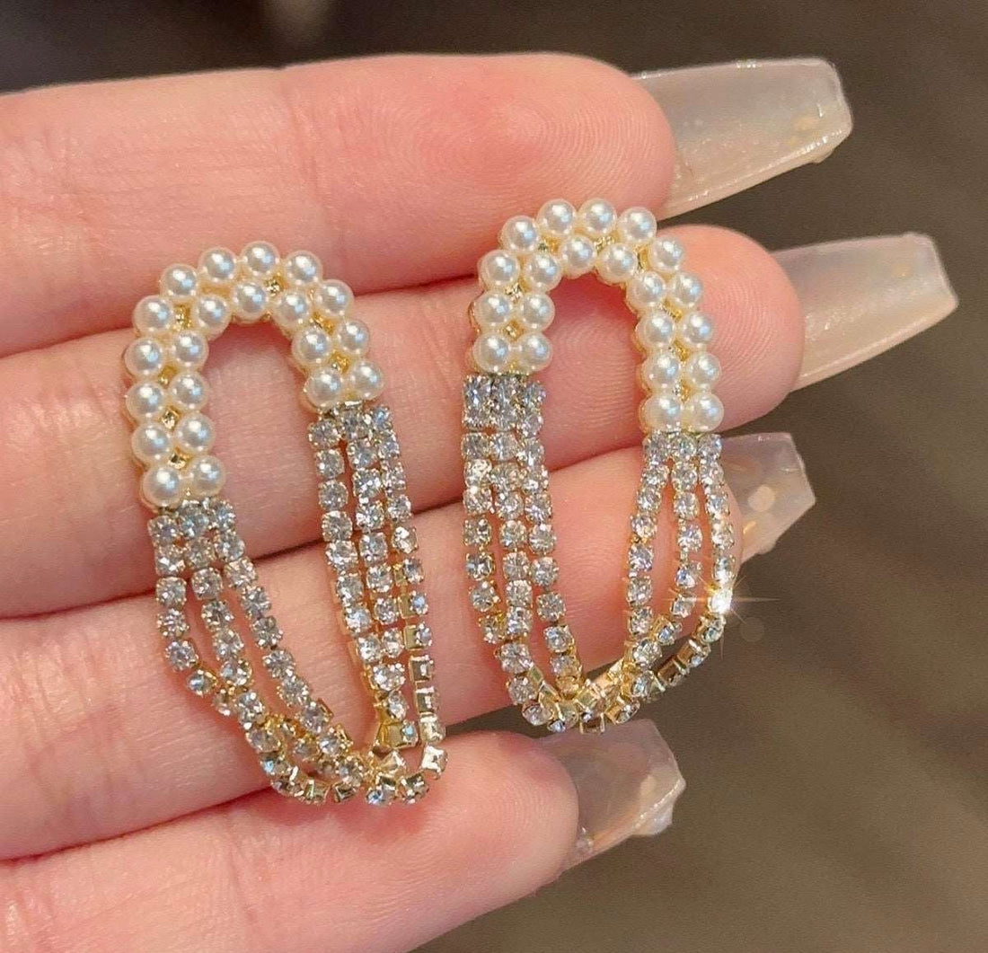 Pearl & Rhinestone Chain drop Earrings-Elegent Dangle Earrings For Women