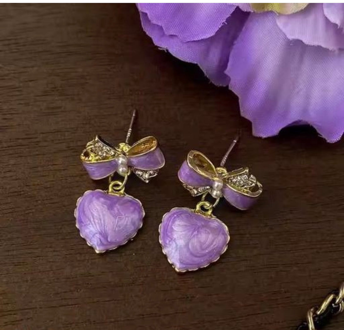 Purple Heart Bow Earring
