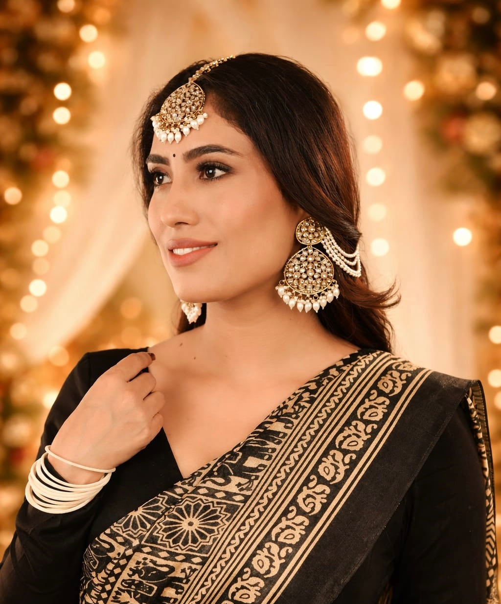 Gold Plated Kundan Maang Tikka Set with Pearl Chains