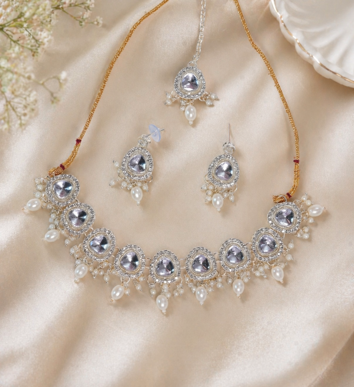 White  Silver Moon Stone and Diamond Necklace Set For Women
