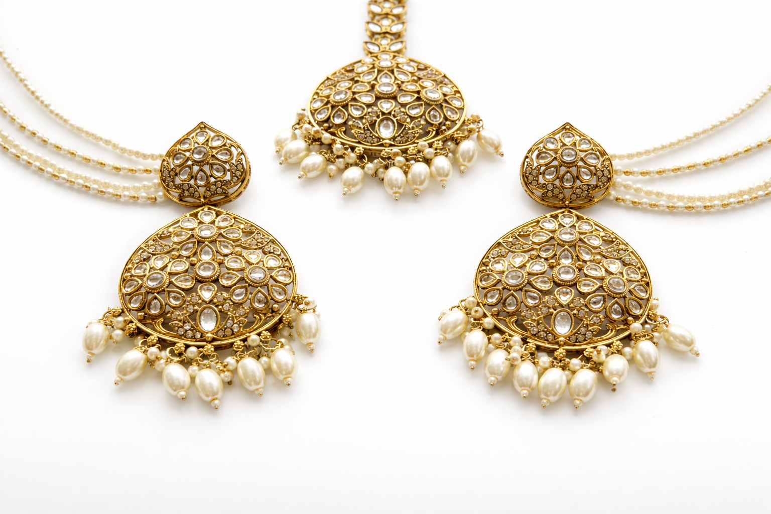 Gold Plated Kundan Maang Tikka Set with Pearl Chains