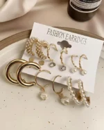 9-Pair Earrings Set- Geometric, Faux Pearl Hoop & Stud Earrings, Dangle & Drop Earrings for Women - Image 2