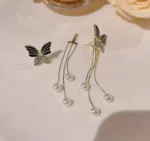 2 IN 1 GOLD TONE  BLACK BUTTERFLY DROP EARRINGS - Image 2