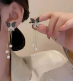 2 IN 1 GOLD TONE  BLACK BUTTERFLY DROP EARRINGS
