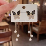2 IN 1 GOLD TONE  BLACK BUTTERFLY DROP EARRINGS - Image 3