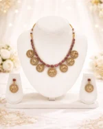 Traditional Gold Necklace Set with Ruby Stones & Elephant coins