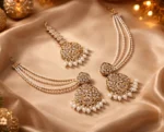 Gold Plated Kundan Maang Tikka Set with Pearl Chains - Image 4