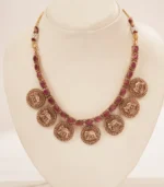 Traditional Gold Necklace Set with Ruby Stones & Elephant coins - Image 3