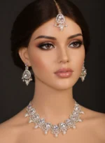 White  Silver Moon Stone and Diamond Necklace Set For Women - Image 3